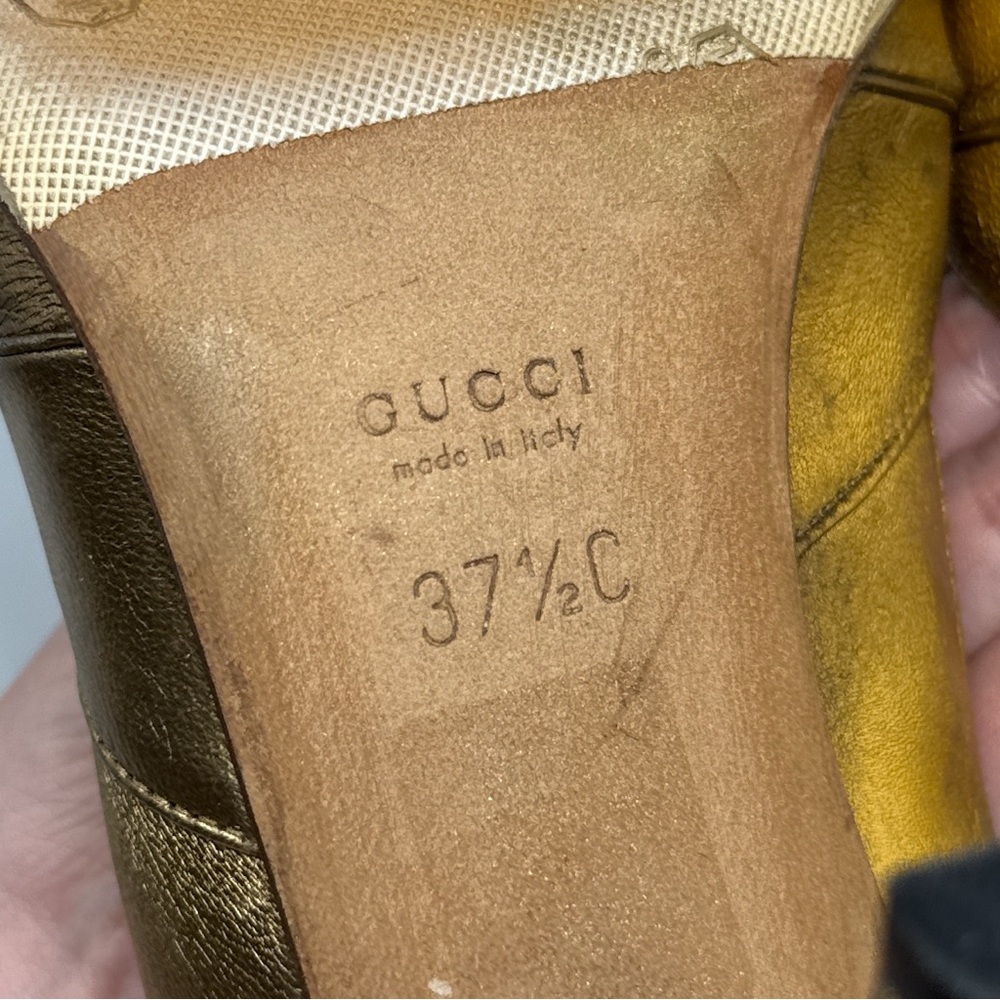 GUCCI Vintage Y2K Metallic Leather Knot Peep Toe Mid Height Pump Heels Gold 37.5 - Picture 13 of 16